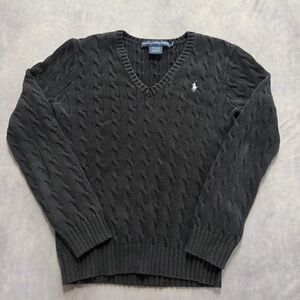 Ralph Lauren Sport Womens V-Neck Cable Knit Cotton Sweater Black Pony Logo Large